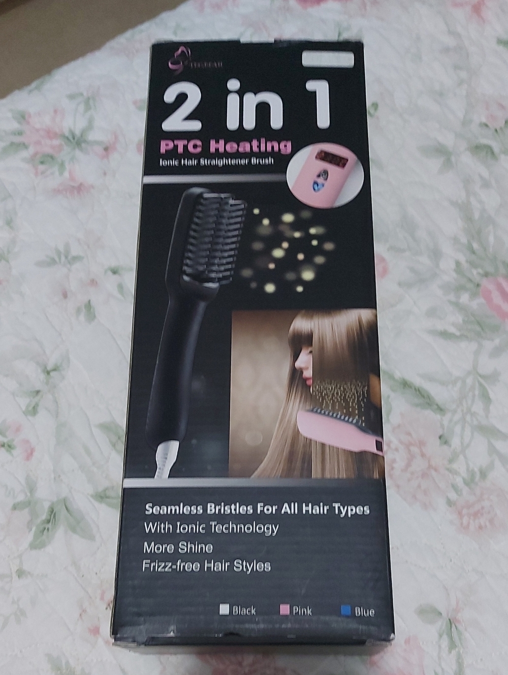 2-in-1 PTC Heating Ionic Hair Straightener Brush - Black/Pink